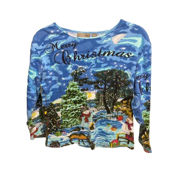 Jane Ashley Top Christmas Tree Snowman Sequined Beaded Women's Size Petite L - Picture 1 of 5